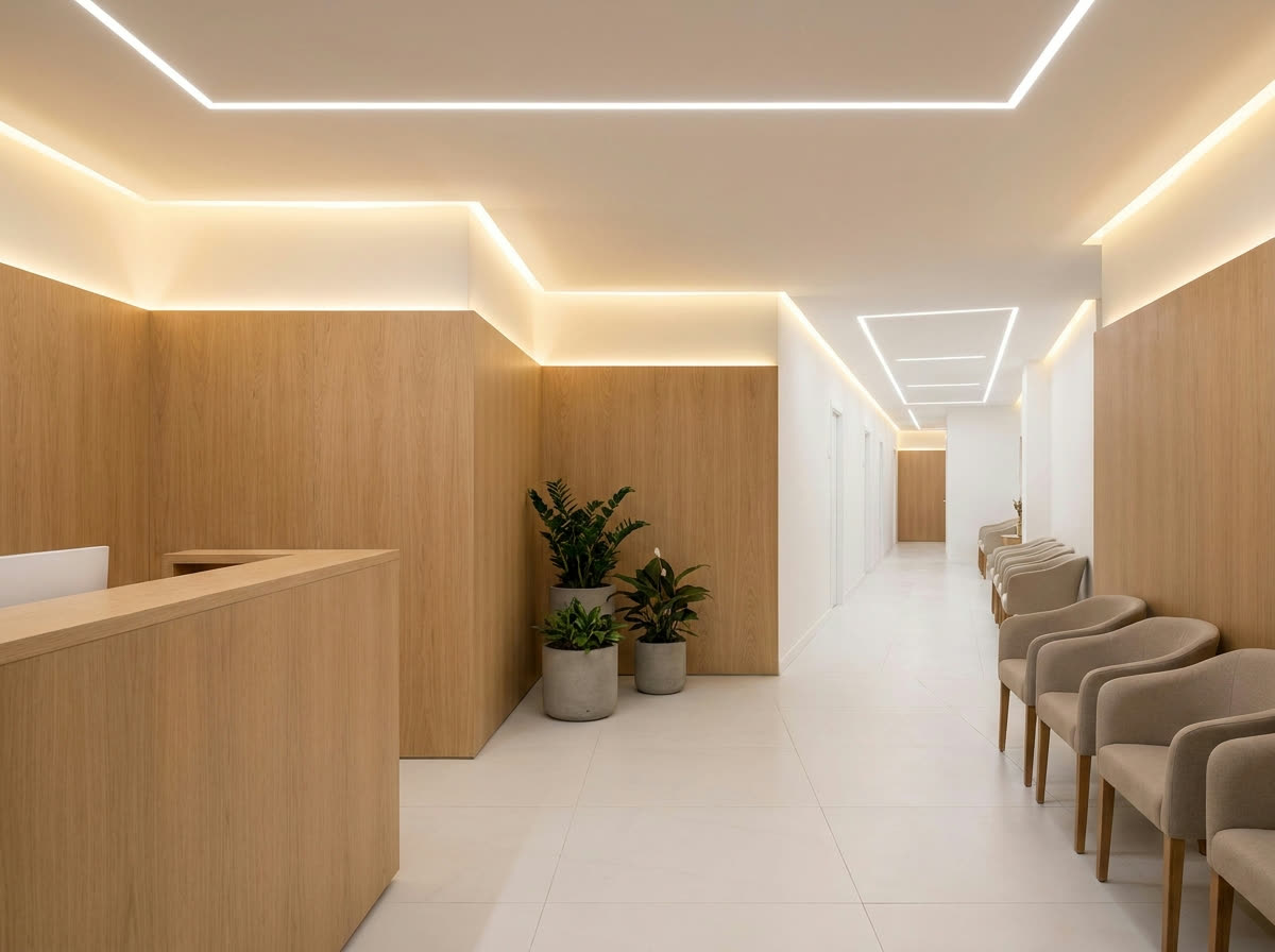 Clínica e consultório com iluminação clean e acolhedora, projeto da LED DONIZETE