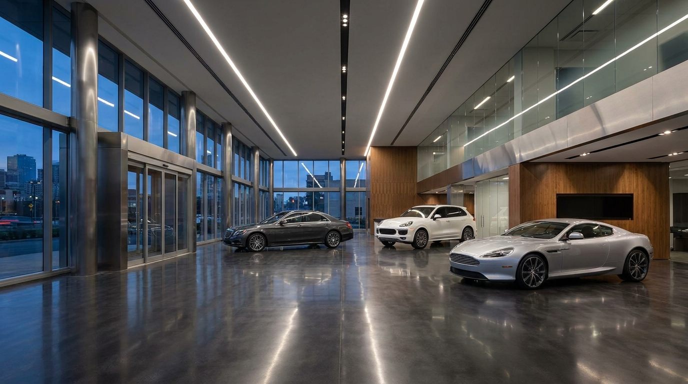 Showroom de concessionária com iluminação que valoriza os veículos