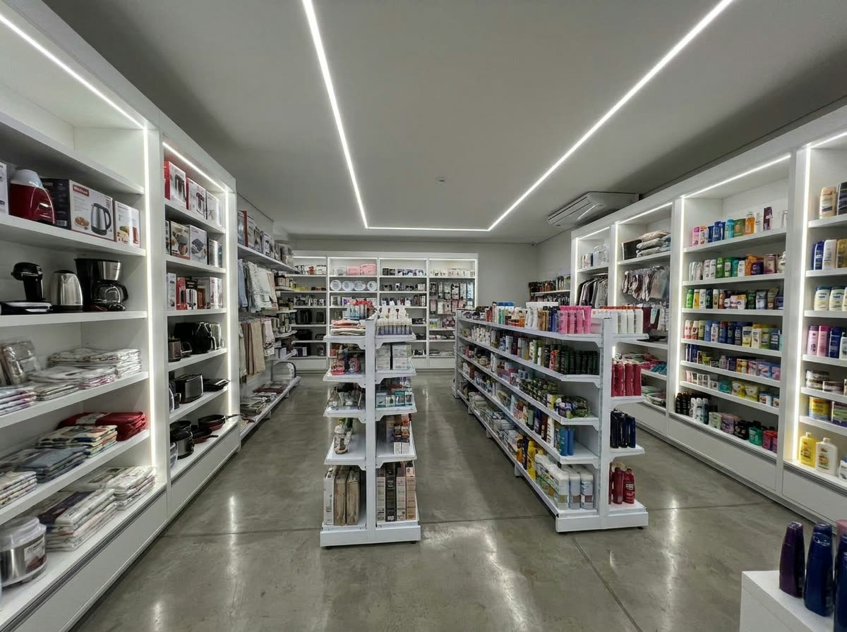 Loja de comércio de bairro com iluminação que valoriza os produtos, projeto da LED DONIZETE