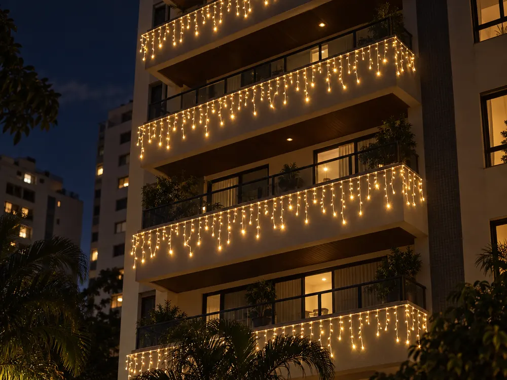 Cascata 400 LEDs 10 m à prova d'água, 8 funções aplicado (imagem ilustrativa)