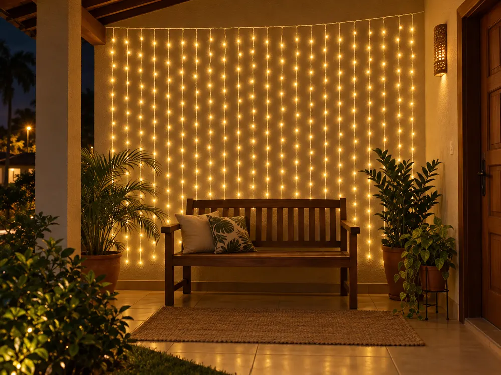Cortina 300 LEDs 3 x 2 m à prova d'água aplicado (imagem ilustrativa)