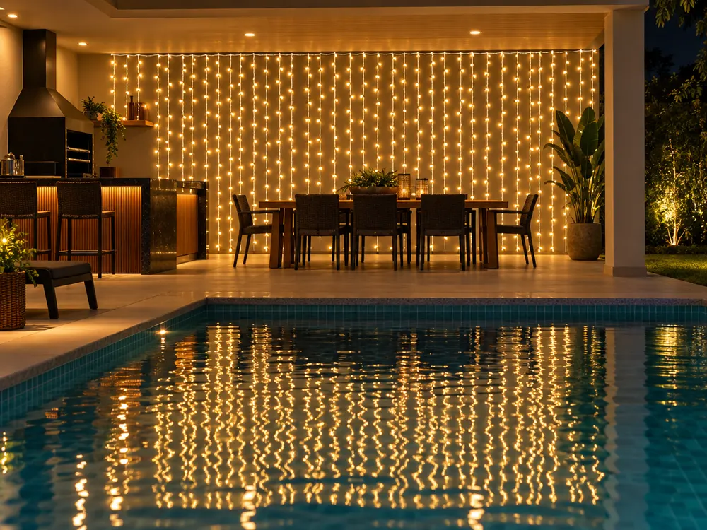 Cortina 900 LEDs 4 x 3 m à prova d'água, luz fixa aplicado (imagem ilustrativa)