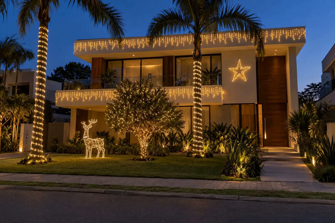 Casa decorada com cascata no beiral, mangueira nas palmeiras, pisca na árvore, rena no jardim e estrela na fachada, à noite