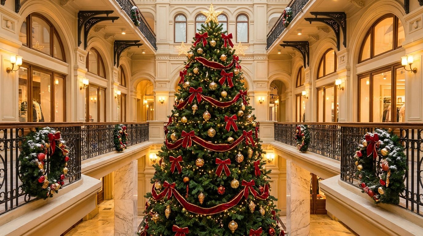Iluminação de Natal corporativa: árvore e fachada decoradas com LED
