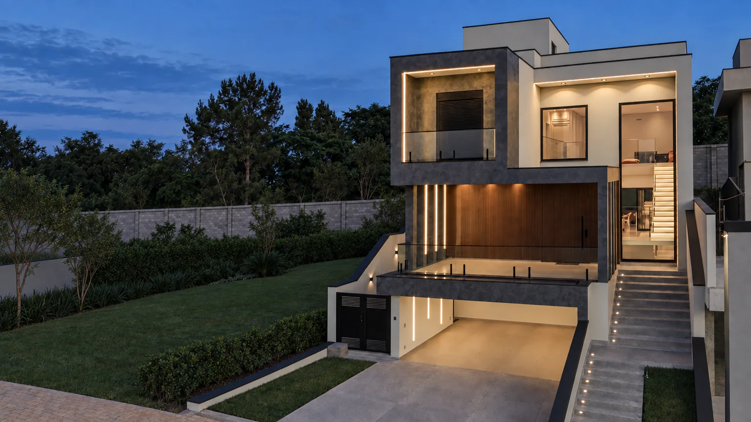 Fachada de residência ao anoitecer com perfis de LED, rasgos de luz nas colunas e escada iluminada