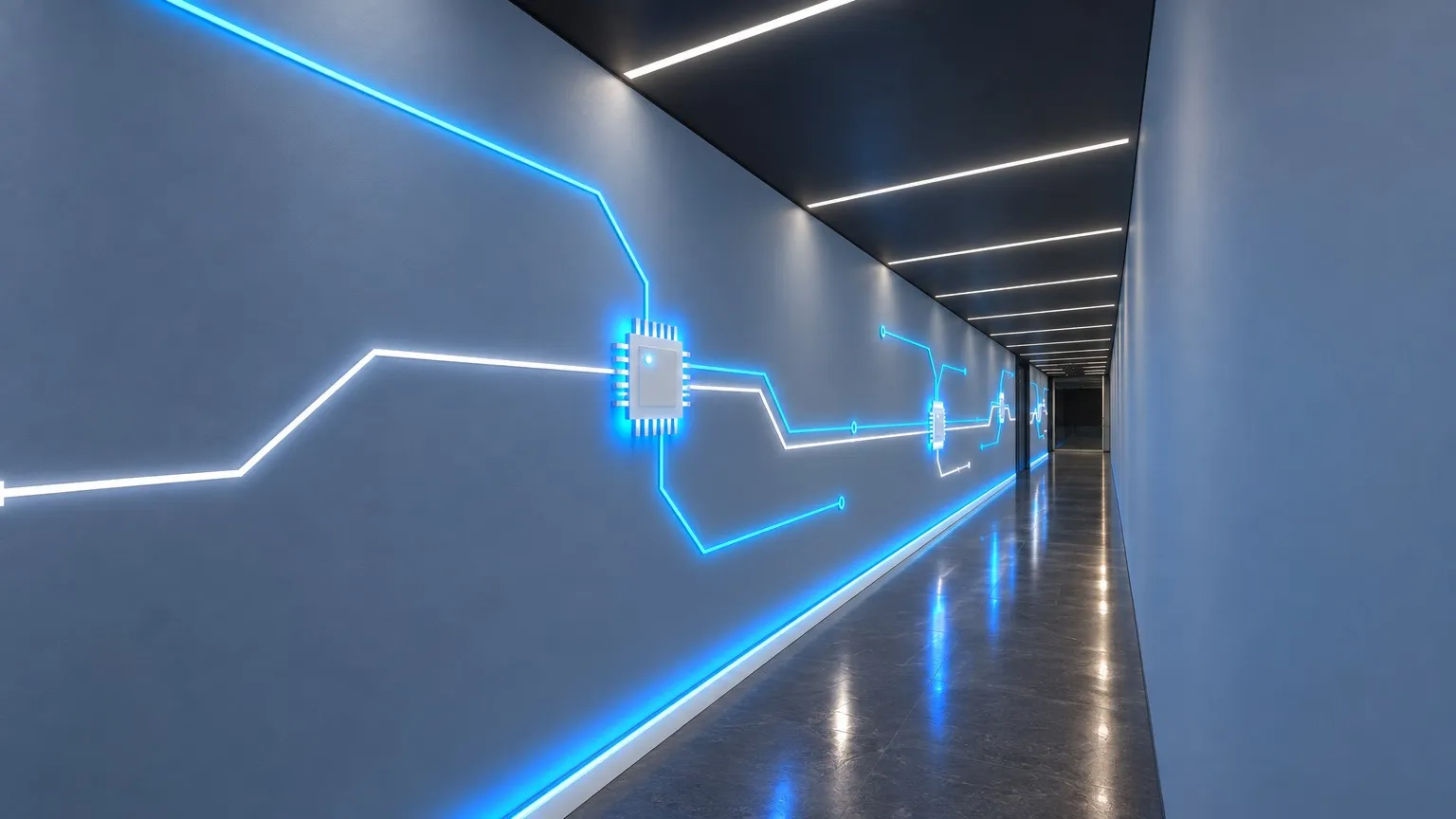 Imagem 3D de projeto de corredor corporativo com circuito de LED na parede e perfis no forro