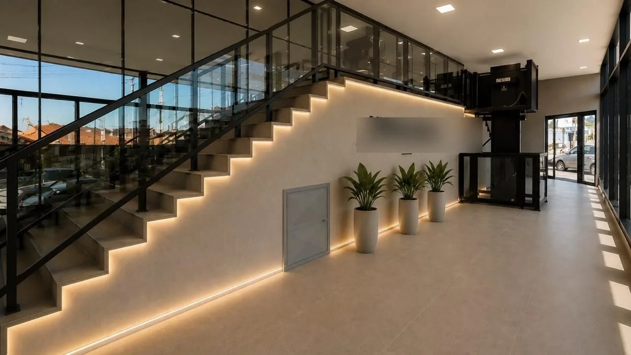 Recepção com escada iluminada por fita de LED em cada degrau
