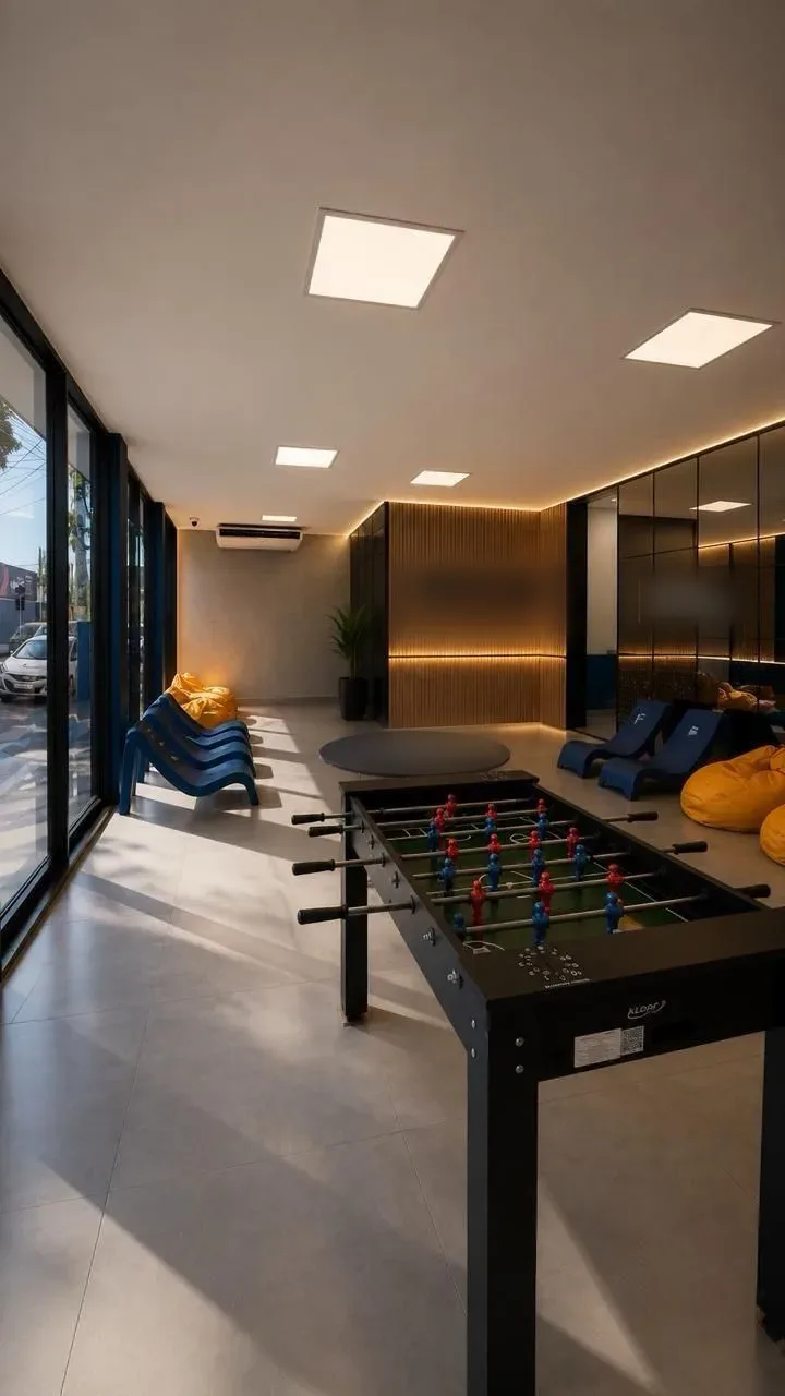 Espaço de convivência com rasgo de LED na parede
